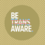 The logo for Be Trans Aware in the centre of dark sandy yellow circle. The circle is set against a backdrop of a yellow and brown link-like pattern. The logo features the words BE TRANS AWARE in a bold font in all capitals, stacked one on top of the other. The "be" and "aware" are white whereas the "trans" is overlayed with the colours of the transgender flag; horizontal stripes of blue, pink, white, pink, and blue.