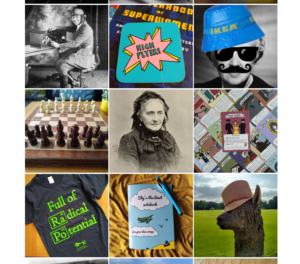 A screenshot of Clavis & Claustra’s Instagram feed featuring 9 stories in a 3 by 3 grid. The images featured include black and white portraits of famous historical figures like Agatha Christie, a turquoise placement, a wooden chessboard, a card game, a T-shirt with green writing on it, a blue notepad, and a statue of a llama wearing a trilby hat.