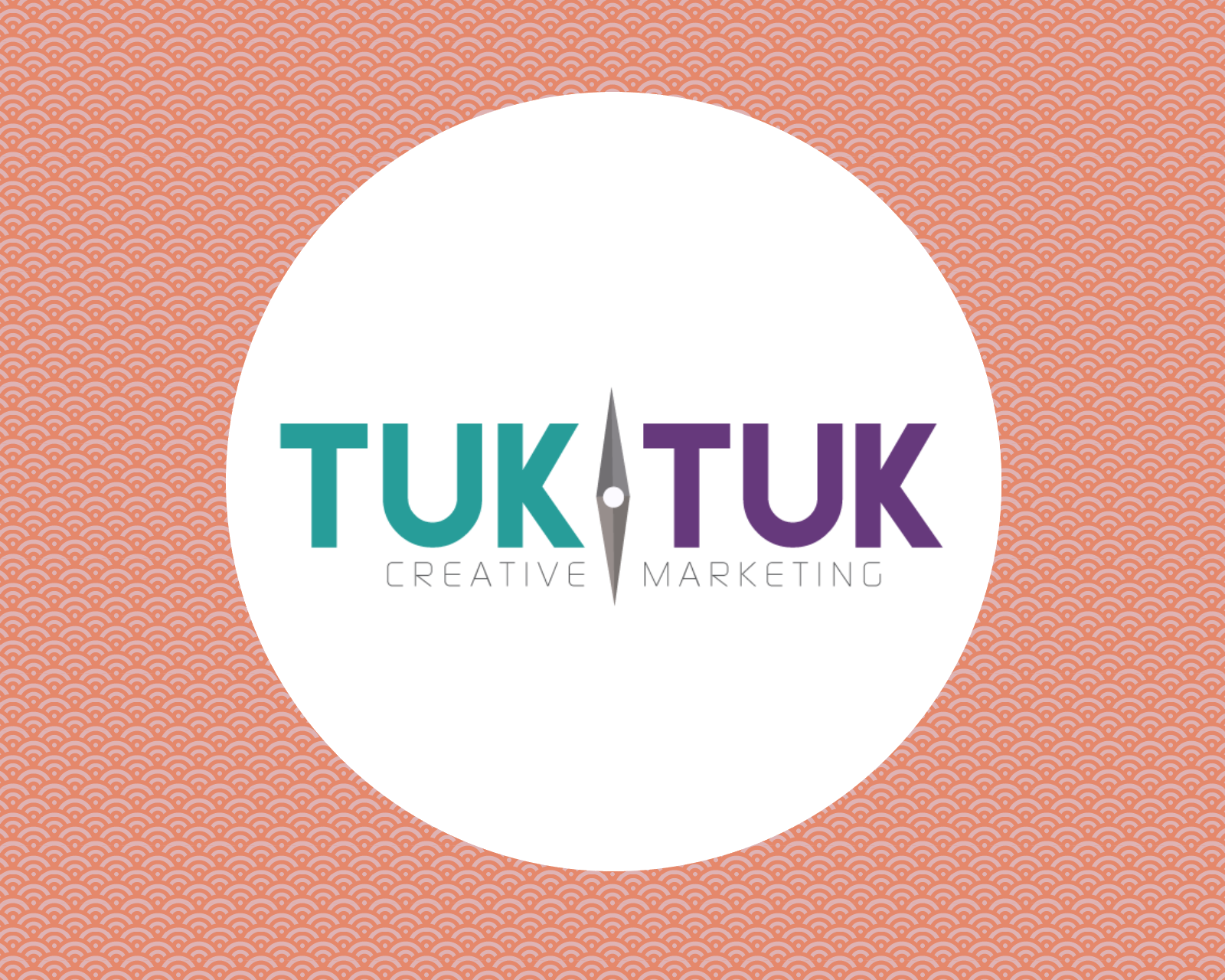 The logo for TukTuk Creative Marketing in the centre of a white circle. The circle is set against a backdrop of a dark pink and salmon coloured link-like pattern. The logo features prominently the words "TUK TUK" in a bold font in all capitals. The first "TUK" is in a turquoise font and the second in a deep purple font. They are separated by a compass needle pointing north to south. The words "CREATIVE MARKETING" sit below in light grey font.